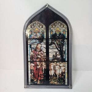 Vintage Jesus The Good Shepherd Faux Stained Glass‎ Framed Wall Art Decor